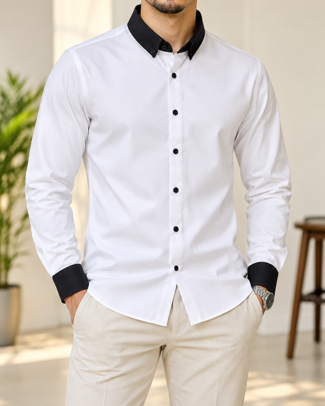 Modern Black-Collar Shirt Portrait Men's Premium Casual Full Sleeve Shirt - Image 1